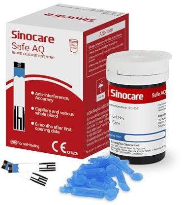 Sinocare Strisce Glicemia per Glucometro Safe AQ, Data di Scadenza Fresco con 25 Strisce e 25 Lancette in mg/dL