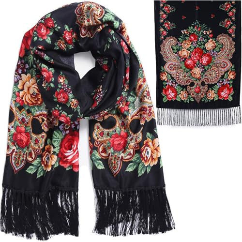 LOVNBHELP Russian Style Muffler Scarf for Women Traditional Tassel Fringes Wrap Soft Warm Large Long Shawl Spring Easter Fashion Printed Exotic Scarf/Black