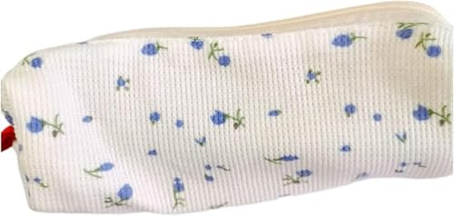 Gammaeon Blue Floral Cute Pencil Case, Canvas Pencil Pouch, Portable Aesthetic Stationery Organizer Pencil Cases Multifunction Cosmetic Makeup Bag Office Supplies