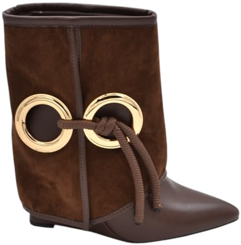 Malu Shoes Stivaletti Donna Alti in camoscio Marrone Applicazioni Oro Modello Shark Risvolto Fino a Terra Zeppa 10 cm con Zip (37 EU)