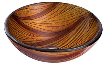 asdchZen Lavabo Et Robinet en Verre Trempé Effet Bois, Vasque De Salle De Bain Ronde en Verre Trempé, 1 Accessoire