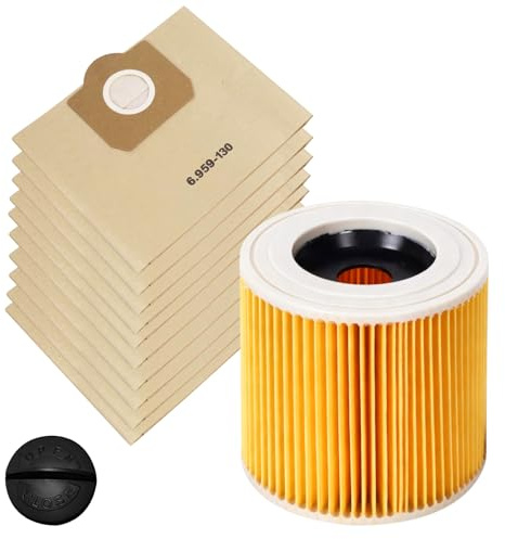 Sudnsadaks 10 Pcs Bolsa Aspiradora, 1 Filtro Accesorios Aspiradora, Resistente Robusta Extremadamente Reemplazar, Recambio Bolsas Polvo Filtración Optima Compatible Kärcher WD3/MV3/WD3P/WD3 Premium