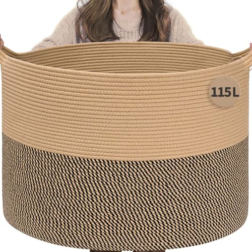 TIMEYARD 115L Extra Large Wicker Basket Blanket Storage Basket Black Jute | 60x40cm Woven Cotton Rope Basket for Blankets, Pillows, Toys and Household Items. Stylish Home Storage Solution