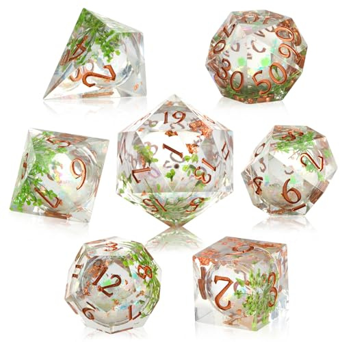Liquid Core DND Dice Set 7Pcs Sharp Edge Polyhedral Resin D&D Dice for Dungeons and Dragons RPG MTG Table Games,Role Playing Dice Set D20, D12, D10, D%, D8, D6, D4 (Green Leaf Liquid Quicksand)