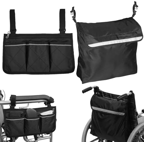 Juego de 2 bolsas para silla de ruedas y andador – Bolsa impermeable para silla de ruedas trasera o lateral, fácil de sujetar, ideal para compras, cuidados, excursiones y viajes (negro)