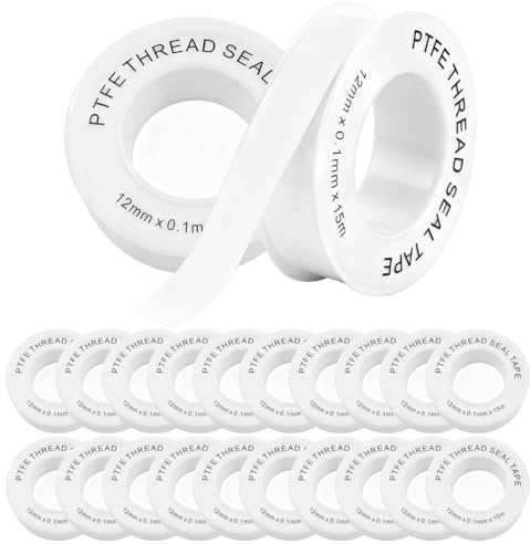 20 Rollos Cinta de Teflon para Fontanería, Cinta Selladora Impermeable PTFE, 15 m x 12 mm, Cinta Selladora Teflón de Tubería Impermeable para Tuberías, Grifos y Válvulas, Profesional Antifugas