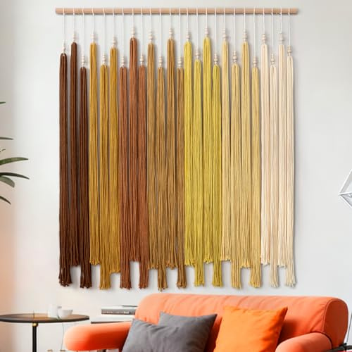 UXORSN Tapiz de pared de macramé grande, bohemio, chic, perlas, borla, amarillo, degradado geométrico, estético, bohemio, decoración de pared, tejido a mano, para dormitorio, salón, oficina
