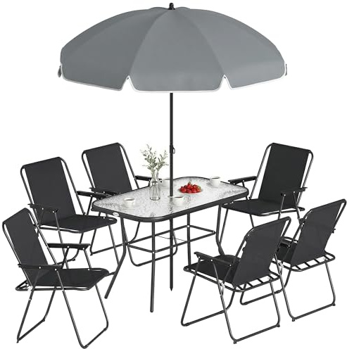 Outsunny Set Tavolo e Sedie da Giardino 8 Pezzi con Ombrellone, Set da Pranzo Esterno con 6 Sedie Pieghevoli in Texteline, Tavolo in Vetro Temperato, Struttura in Acciaio per Terrazza Balcone, Nero