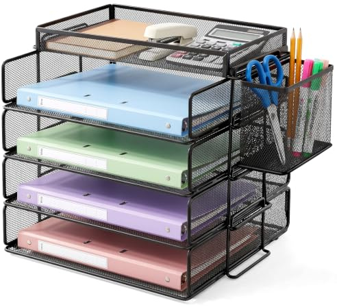 Organizador A4 metálico apilable, 4 bandejas & portalápices, para Carpetas y Correo, Resistente & Estable, Ahorra Espacio, Organizador Escritorio Metal, Negro
