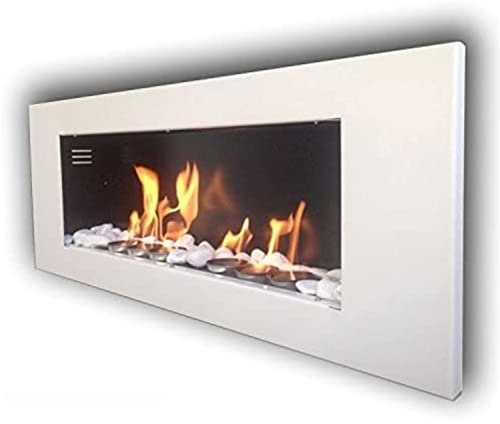 Ethanolkamin Gelkamin Kaminofen Wandkamin Modell Monaco XXL Glanz + gratis 24 Dekosteine (Weiß)