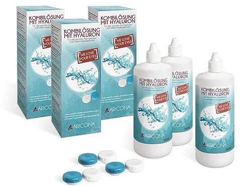 aricona Kontaktlinsen Fluessigkeit - 3 x 360ml All-In-One Kombilösung mit Hyaluron - Kontaktlinsenflüssigkeit für weiche Linsen inklusive Behälter