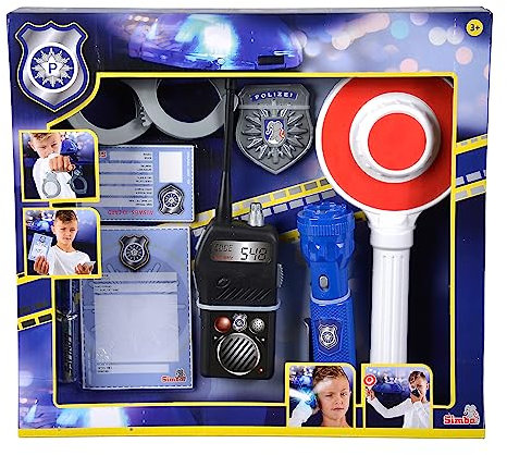 Simba 108101003 - Verkehrspolizei Einsatzset, 7 Teile, Taschenlampe, Kelle, Handschellen, Polizeimarke, Strafzettel, Ausweis, Funkgerät, Rollenspiel, Fasching, ab 3 Jahre