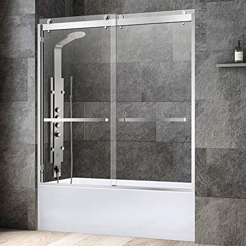 Woodbridge Frameless Bathtub Shower Doors 56-60 Width x 62 Height with 3/8(10mm) Clear Tempered Glass, 2 Ways Opening & Double Sliding in Polished Chrome Finish