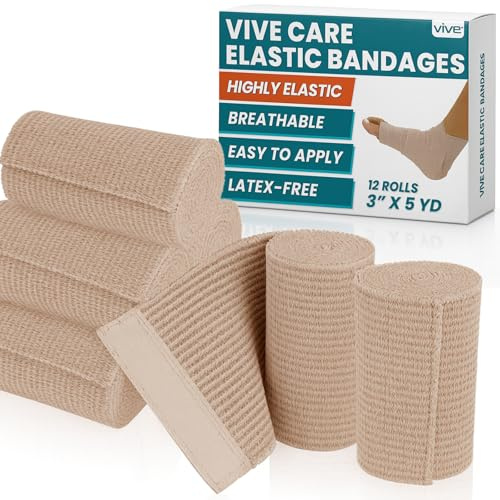 Vive Care Elastic Bandage with Adhesive Closure 3 x5yd - Medical Tape - Washable Self Adhering Wrap for Muscle Support - Hook and Loop Closure - Sports Compression Roll for Sprained Ankle (3 in)