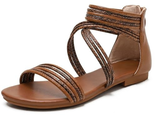 youngshow Women's Gladiator Sandals, Criss-Cross Strappy Flat Sandals with Back Zipper, Open Toe Bohemian Summer Casual Shoes for Beach Travel, Brown