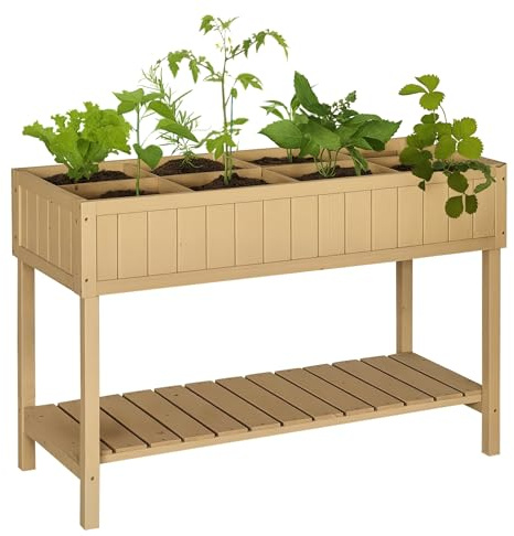 Outsunny Huerto Urbano de Madera 120x60x81 cm Jardinera Elevada para Cultivo de Plantas Flores con Estante Inferior para Jardín Terraza Exterior Natural
