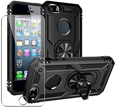 SDTEK Hülle Kompatibel mit iPhone SE (2016-2019) 5 5s, Starke Robuste Hybrid-Telefonabdeckung Integriertem Magnetringhalter Glas-Displayschutzfolie 360 (Schwarz)