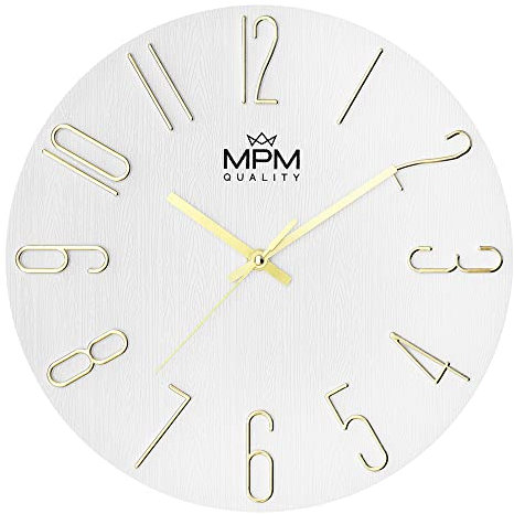 MPM Quality Orologio da parete di design, bianco/oro, datario, cifre 3D, movimento preciso al quarzo, ∅ 305 mm, decorazione moderna da parete per soggiorno, camera da letto o ufficio