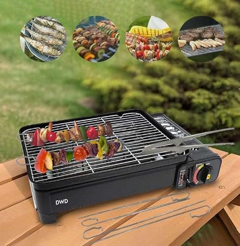 DWD® Sizzle Table-Top Camping Barbecue BBQ Grill - Portable Gas Stove Cooking Burner Grill Tray Powerful 2.3 kW stainless steel burner Complete with 4 skewers & tong, Caravan Picnics Beach