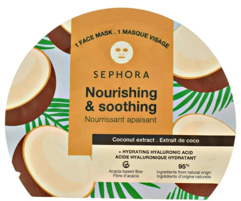 SEPHORA Fibra Face Mask. Nourishing & Soothing. Estratto di cocco + acido ialuronico idratante.
