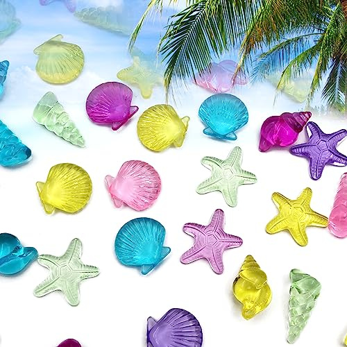 Zalaxt 4 Styles 100 pcs Acrylic Ocean Sea Shells Assorted Seashells Starfish Conch for Beach Theme Party, Wedding Decoration, Scatter Table Vase Fillers Home Decoration 1.1 Pound