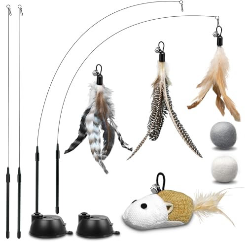 ROSAUI Katzen Spielzeug, 12 Stück Katzenangel mit 2 Saugnäpfen, katzenspielzeug Selbstbeschäftigung mit Maus，Natürlich Interaktives Katzenspielzeug für Katzen，Intelligenz Spielzeug mit Federn