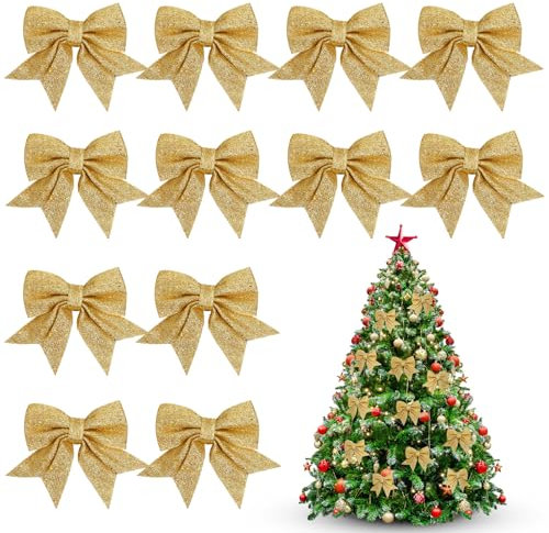 12 Stück Weihnachtsschleifen Gold, 12x14cm Schleifen Weihnachtsbaum, Weihnachten Glitzer Schleifen, Weihnachtsbaumschmuck Deko für Weihnachtsbaum Weihnachtskranz Tannenbaum Weihnachtsbaumschleifen