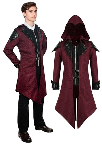 YORDET Men's Medieval Jacket Coat with Hood Gothic Trench Men's Victorian Vintage Tailcoat Halloween Party Carnival Cosplay Costume (Red, S)
