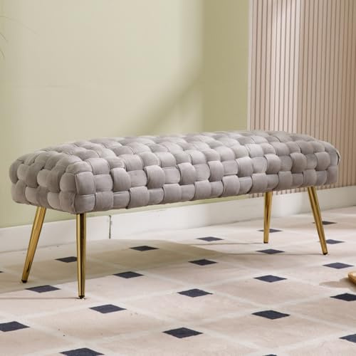 DAYALANE Banco Otomano de Terciopelo Tapizado con Patas de Metal Dorado, Asiento para Ventana para Dormitorio y Sala de Estar, Gris