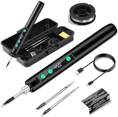 KKMOL Saldatore a Stagno Portatile Senza Fili, Saldatore USB Ricaricabile con Display LCD 180℃-450℃, 3 Punte di Ricambio, Filo di Stagno, Pasta Saldante, Kit Saldatura per Riparazioni – Nero