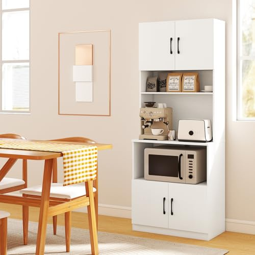 GIANTEX Armario de Cocina con Puertas, 2 Compartimentos Abiertos y Encimera, Aparador Buffet con Estación de Carga, 64,5 x 38 x 168 cm, Mueble de Almacenamiento para Comedor, Salón (Blanco)