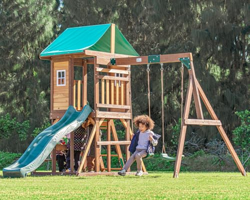 DOLPHIN PLAYGROUND T Wooden Swing and Slide Set, Wooden Outdoor Play Equipment with Picnic Table, PlayHouse, 2 Swings, Climbing Wall, Kids Outdoor Play Equipment for Ages 3+