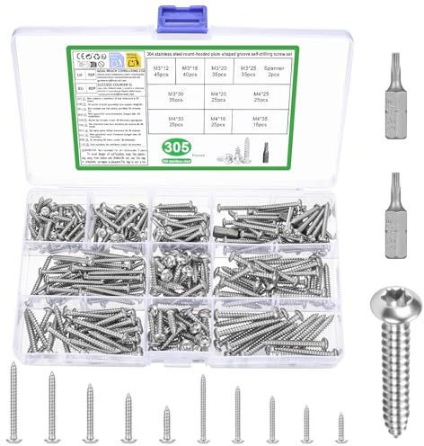 305 PcsTornillos Autorroscantes de acero inoxidable, M3 M4 tornillos Torx de cabeza redonda, kit de tornillos para madera aglomerada, reparaciones de carpintería y chapa metálica