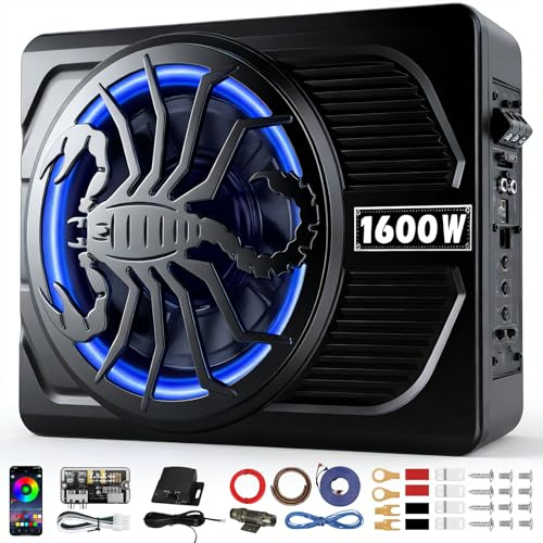 SUBPULSIX 1600W Slim Underseat Car Subwoofer and Amp Package, Powered Under Seat Subwoofer with Built-in Class D Amplifier, Subsonic Deep Bass, DSP Noise Reduction, Cast Aluminum, for Truck/SUV/Sedan
