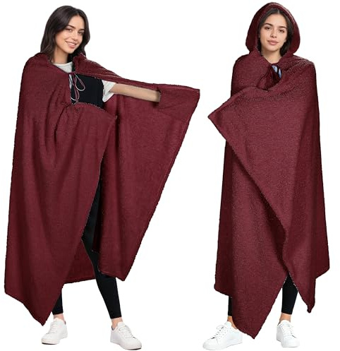 Catalonia Classy Flauschig Kuscheldecke mit Ärmeln - Warme Geschenke für Frauen Herren, Kuschelige Sherpa Tragbare Poncho Decke mit Kapuze, Decke Zum Anziehen für Erwachsene, 190x120cm, Wein