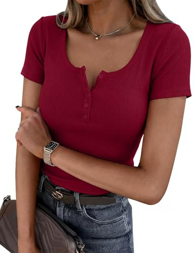 Totatuit Camiseta Mujer Manga Corta Canalé Elástico con Botones | Top de Cuello Henley Verano y Corte Ajustado, Suave y Transpirable para Looks Casuales, Oficina, Viajes y Vacaciones
