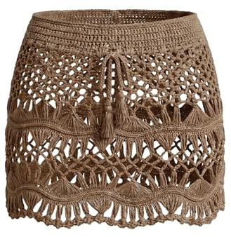 CUPSHE Women Crochet Coverup Skirt Drawstring Knit Mini Skirt Coverup for Swimwear Brown, XL
