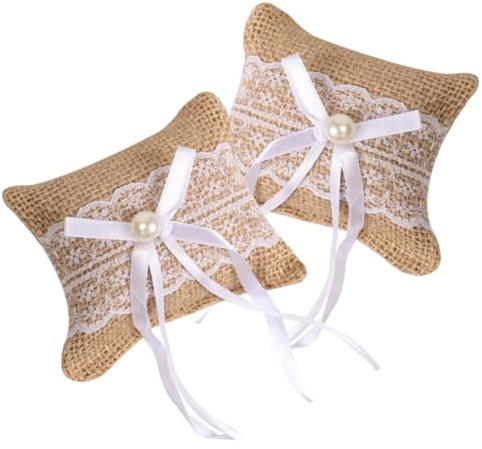 WEKAMOS Lot de 2 Coussins D'alliances Mariage en Toile de Jute Dentelle Blanche, Coussin Rond Décoratif pour Bagues, Perles et Rubans, Accessoires Cérémonie pour Fête et Demande en