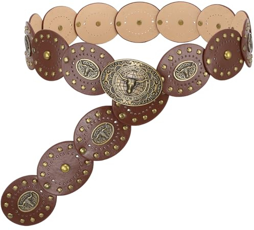 WERFORU Ceinture Large Cowboy en Cuir pour Femme Style Western à Disques Décoratifs,Ceinture Réglable Bohème Femme Grande Taille pour Robe Jeans et Jupes
