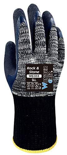 Wonder Grip WG-333 Rock & Stone - Arbeitshandschuh mit doppelter Latexbeschichtung, Schnittsicher, Kälteschutz, Hitzeschutzhandschuhe für sicheres Greifen, gr L / 9, Grau & Schwarz