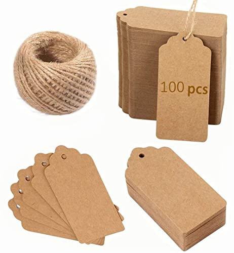 Hsthe Sea Etiquetas de regalo de papel kraft, 100 etiquetas grandes y lisas, 5 x 10 cm, etiquetas en blanco marrón con cuerda para regalos