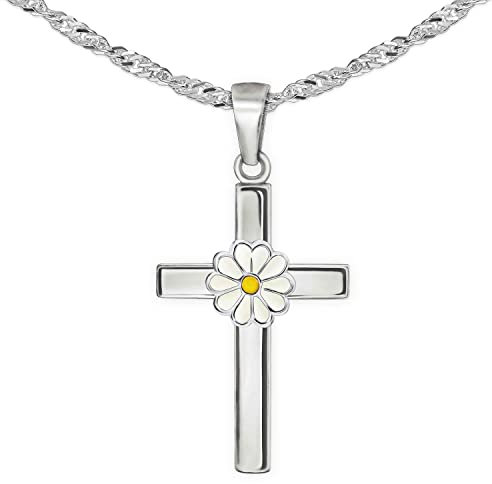 CLEVER SCHMUCK Chaîne avec croix en forme de marguerite pour enfant - 18 mm - Avec fleur jaune blanc laqué multicolore - Chaîne Singapour 40 cm - En argent sterling 925 - Dans un étui en forme de