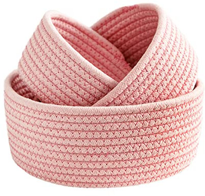 FQQWEE Lot de 3 petits paniers de rangement en corde de coton tissés roses pour bureau, panier décoratif rond en corde de coton pour entrée, bijoux, jouets, clés, S, M, L