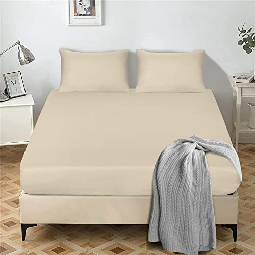 My home store Fitted Sheet 25 cm Deep Brushed Microfiber Ultra Soft No-Iron Wrinkle-Resistant Plain Dyed Fitted Bed Sheets Hypoallergenic Breathable Sheets (Cream, Super King)