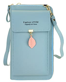 FuninCrea Crossbody Phone Bag, Fashion PU Shoulder Bag With Zipper, Mobile Phone Wallet Bags with Three Layers, Small Cross Body Bag with Metal Leaves for Cellphone, Key, Card (blue)