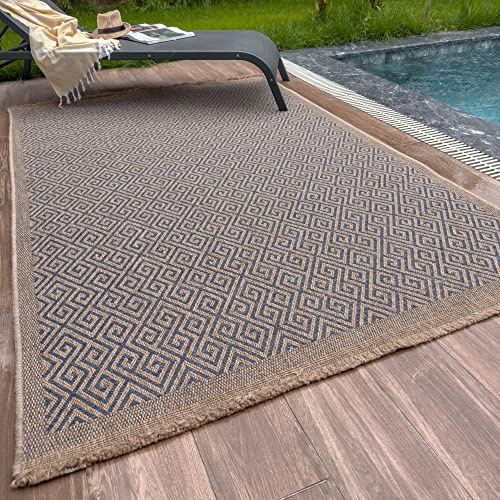 THE RUGS Nature Collection Outdoor Rug – Indoor/Outdoor Tona Border Area Rug for Patio, Deck, Garden, Kitchen, Bathroom or Living Room (Greek Key-Blue, 160 x 230 cm)
