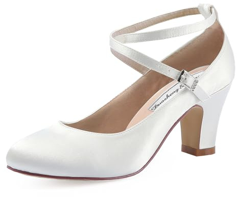 Duosheng & Elegant Chaussure Ivoire Mariage Femme HC1808 Haut Bloc Escarpins Boucle Vintage Talon Stain Bout Mary Janes EU 40