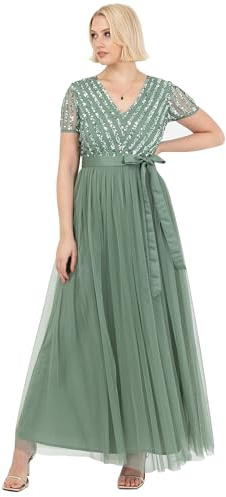 Maya Deluxe Maxi Dress for Women Ladies Bridesmaid V-Neck Ball Gown Short Sleeves Long Elegant Empire Waist Wedding, Vestido de Dama de Honor Mujer, Deep Mint,
