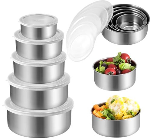5 Piezas Bol Acero Inoxidable con Tapa Ensaladera Grande 280ml+450ml+730ml+1080ml+1580ml Mixing Bowl Set Apilable，Bowls Cocina Cuencos Aperitivos Bol Cocina para Mezclar, Ahorro de Espacio