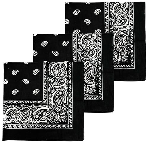 MDSTYLE 3 PCS Extra Large Bandanas 68.5 x 68.5 100% Cotton for Men & Women Paisley Handkerchief Headband Scarf Jumbo Bandana (Black 3 Pcs)